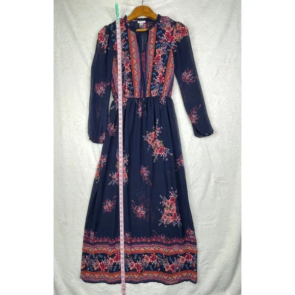Xhilaration Floral Maxi Dress Womens XS Blue Boho CottageCore Long Sleeves - Picture 15 of 15